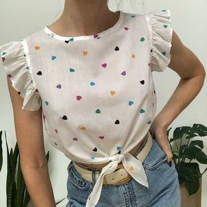 Vintage 80s Sweet hearts rainbow ruffle sleeve tie waist crop top